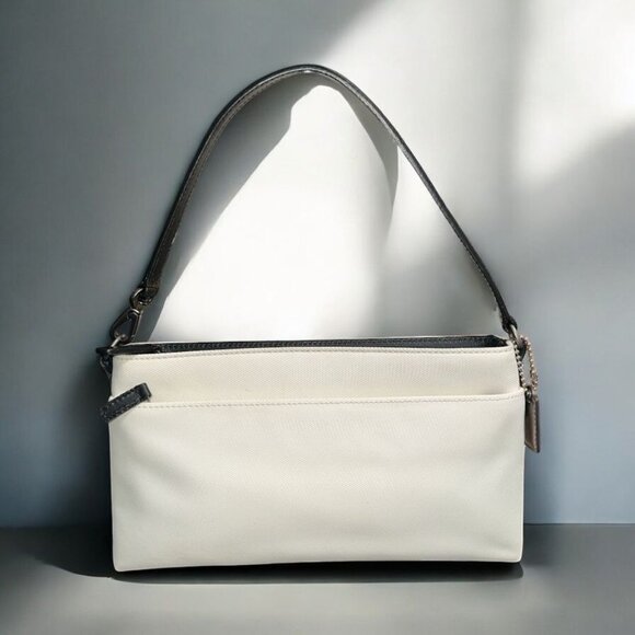Coach Handbags - VTG Coach Purse White Euro Twill Black Leather Mercer Demi Handbag 7407 Y2K Bag